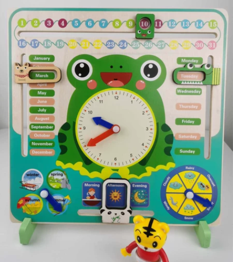 益智早教木制时钟拼图玩具 青蛙日历时钟板 ...