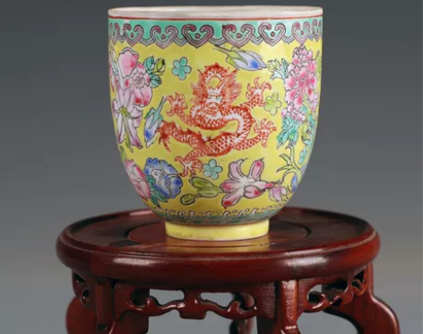 景德镇老厂货瓷器/手绘百花龙腾图薄胎杯(薄...