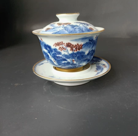 精品柴窑青花釉里红山水三才盖碗 感兴趣的话...