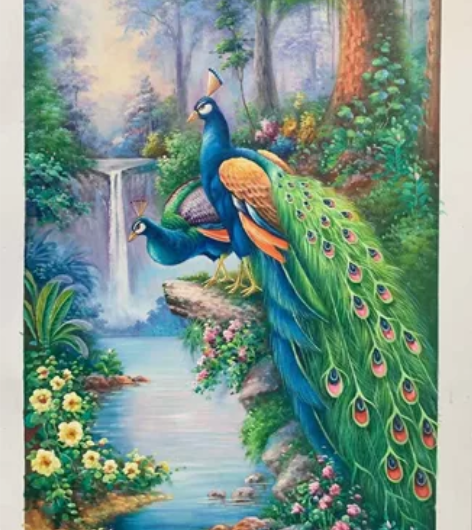 手绘油画孔雀玄关画，您提供场景图片，我可以...