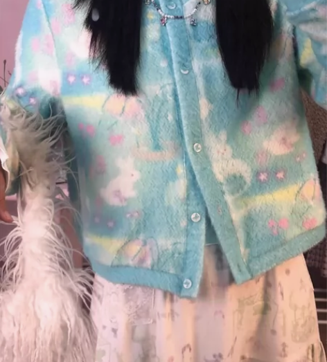 月亮草地原创可爱兔子动物浅绿针织开衫手绘个...