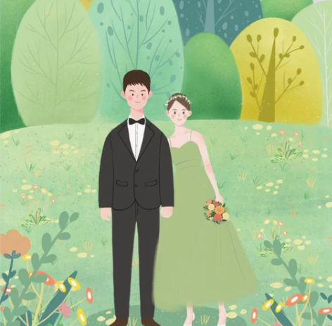 可可爱爱婚礼手绘插画风请柬 风格如图  全...