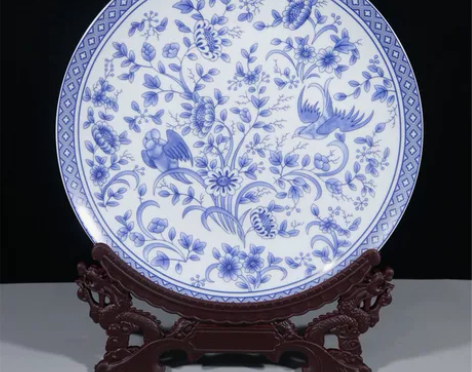 清乾隆款青花鸟语花香坐盘赏盘仿古瓷器博古书...