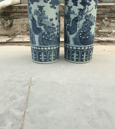 乡下收来民国时期青花锦鸡凤凰纹卷筒一对，画...