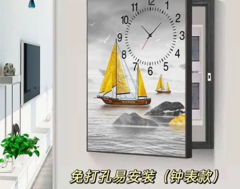 免打孔电表箱装饰画竖款带钟表现代简约遮挡配...