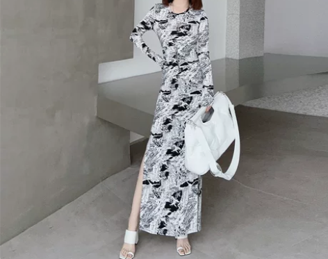 迪丝嫚苓时尚水墨印花国潮中国风包臀连衣裙潮...