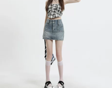 复古牛仔半身裙裤女清新A字高腰提臀显高显瘦...