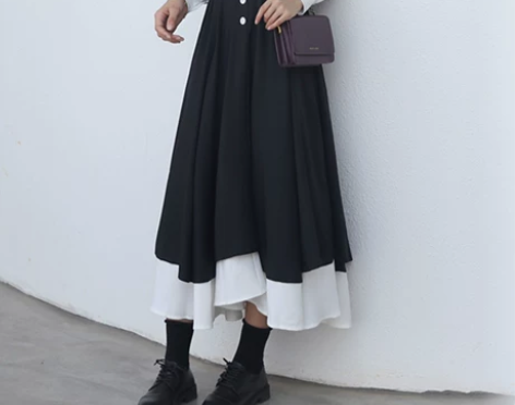 黑色日系高腰显瘦a字半身裙女中长款裙子20...