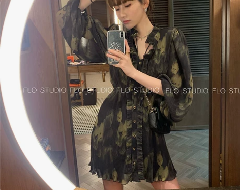 FLO定制 丛林绿迷雾百褶连衣裙 可盐可甜...