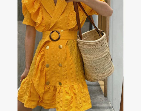 朱小姐荷叶边高腰连衣裙女2020新款夏季轻...