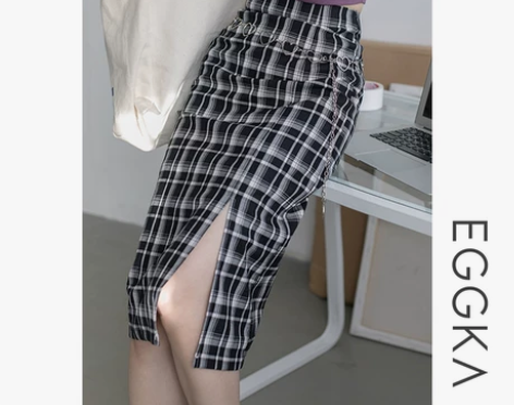 EGGKA 格子中长款半身裙女高腰开叉一步...