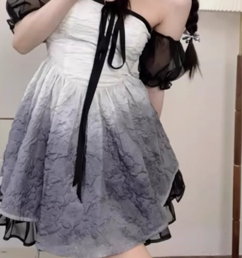 黑灰渐变黑纱泡泡袖连衣裙夏季女小众设计高级...