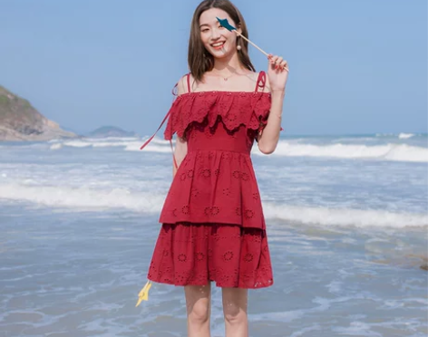 2019夏季新款女装修身显瘦收腰小清新露肩...