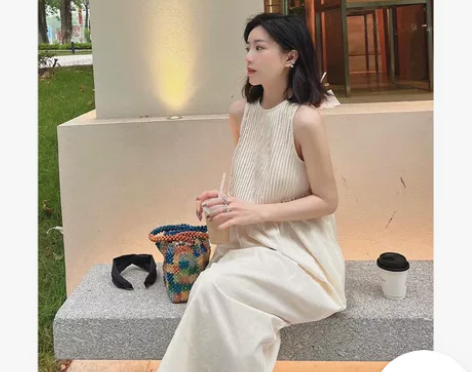 原创设计款白色无袖背心百褶花苞长裙女夏极简...