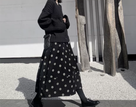 山本耀司日系设计感春秋季高腰花苞裙女圆波点...