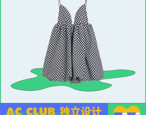 AC Club/棋盘格吊带V领大露背花苞裙...