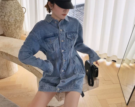 超帅气收腰花苞牛仔裙女早春时髦水洗蓝杠线…...