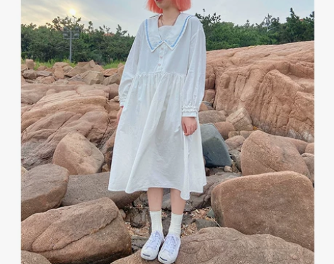 ?周末时集原创日系日常学院风长裙甜美白色蝴...