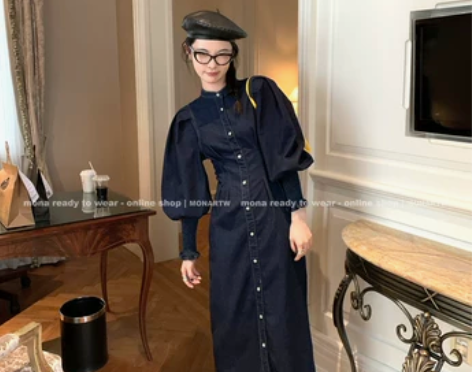 MONA◆9/12新款+复古风蓝色收腰修身...