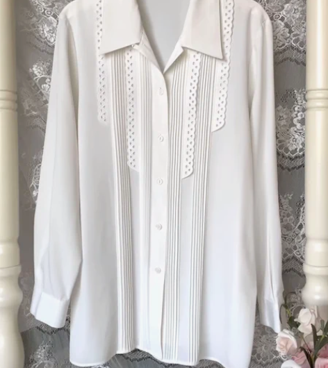 Vintage古着衬衫风琴褶镂空刺绣白衬衫...