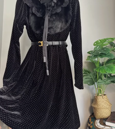 Vintage古着孤品连衣裙复古宽松丝绒连...