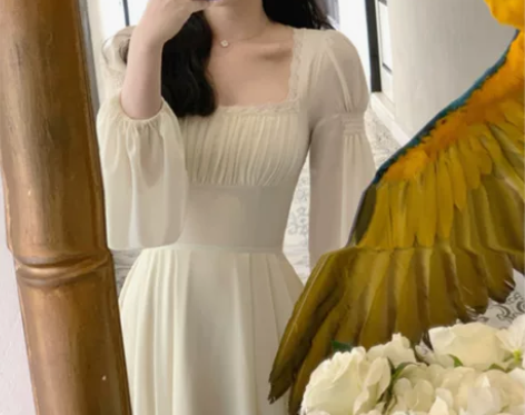 茶歇法式方领宫廷名媛女早春季新款桔梗仙女长...