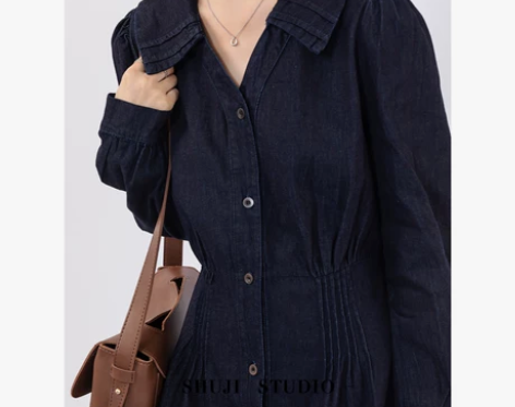 【束际】牛仔连衣裙女2022年秋季新款复古...