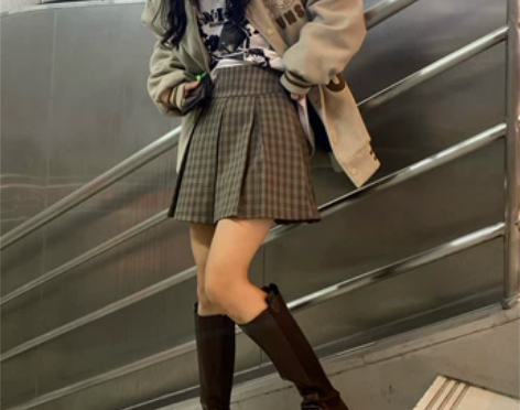 荒荒家+复古学院风小格子百褶裙2022春秋...