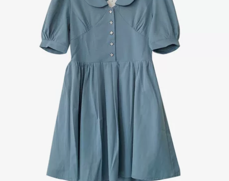 日系蓝色雪纺短袖减龄连衣裙学院风翻领中裙时...