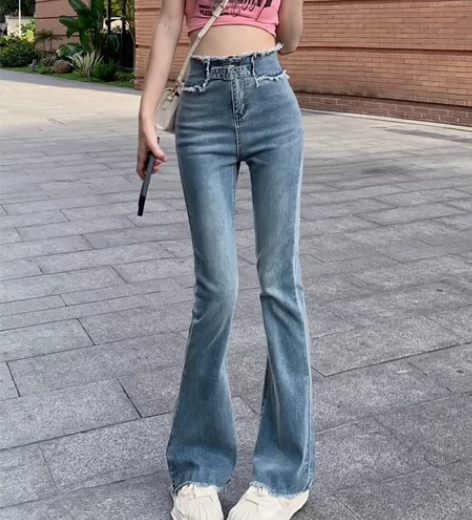 毛边微喇叭牛仔裤女2023新款小众复古蓝色...