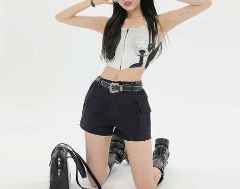 唐采儿高腰工装短裤牛仔裤女夏季A字花苞裤直...