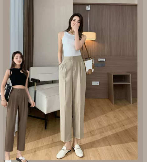 2023斜扣韩版西装裤女春夏直筒宽松高腰垂...
