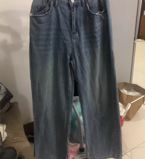 韩版毛边口袋阔腿拖地长裤女夏季新款垂感休闲...