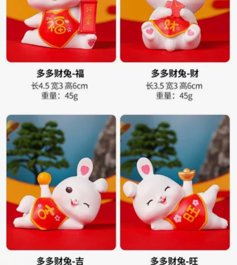 多多财兔可爱国潮兔年兔子摆件树脂手办家居装...