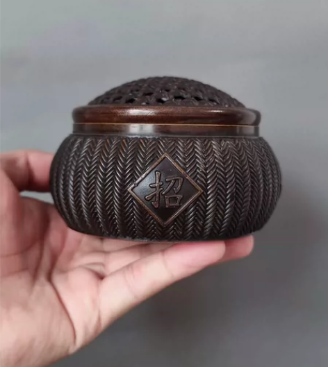纯铜香炉中号网纹竹编熏香炉 此炉铜质纯良，...