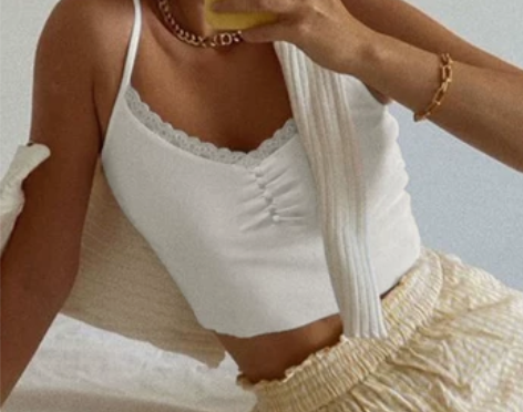 #FabGirls#简约蕾丝拼接花边抽绳白...