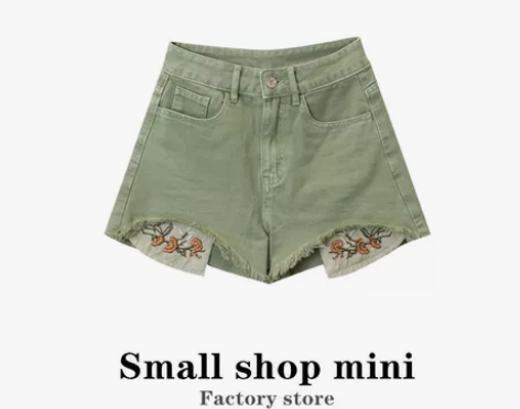 复古绿色牛仔短裤女薄款2022夏季高腰直筒...