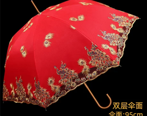 红伞婚庆结婚出嫁伞蕾丝花边刺绣长柄中式婚礼...