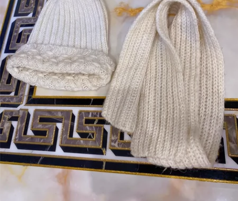 中古米色纯手工针织帽子围巾套装古着女款,我...