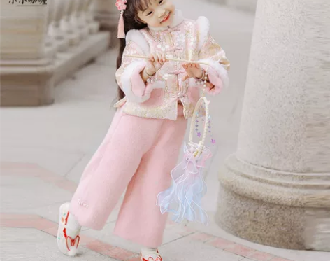 汉服女童冬装宝宝粉色中国风加绒加厚阔腿裤套...