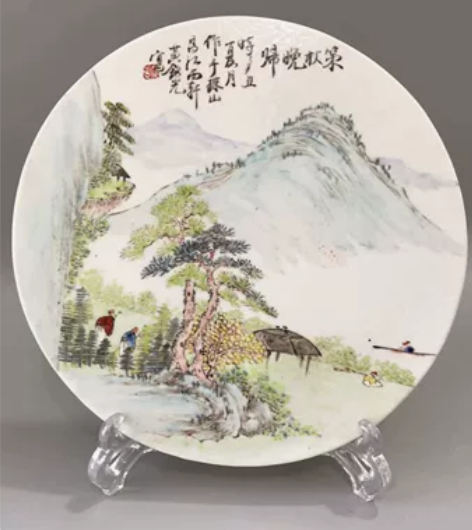 浅绛彩名家御窑画师黄铭光绘圆形瓷板,家里老...
