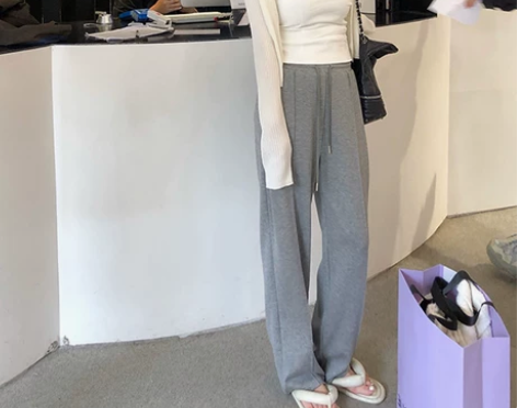 ?阔腿裤女春秋新款宽松直筒灰色运动裤小个子...