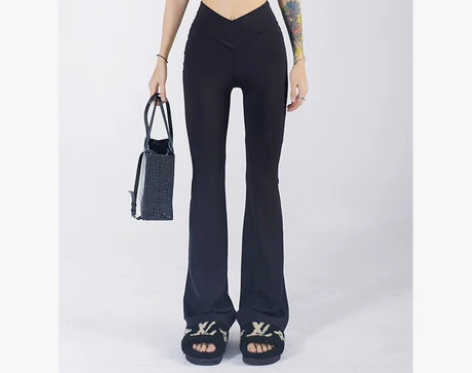 野生zero黑色微喇裤女夏高腰垂感显瘦V腰...