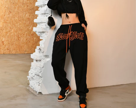 CBX黑色橘字母长裤女2022年辣妹嘻哈宽...