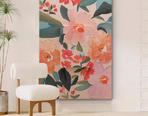 纯手绘《花田喜事》油画奶油风装饰画玫瑰花卉...