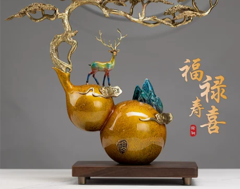 工艺品 铜葫芦摆件客厅玄关装饰品办公室福鹿...