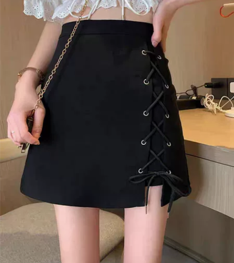 黑色交叉绑带不规则半身裙女2023春季新款...