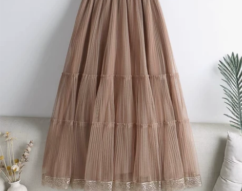 全新蕾丝大摆拼接网纱半身裙子女新款垂感显瘦...