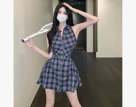 翻领夏季性感背心小个子格子连衣裙女复古收腰...