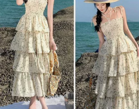 2023新款碎花连衣裙高腰荷叶边吊带裙中长...